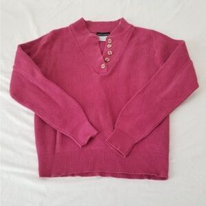 Lands End Burgundy Long Sleeve Henley Sweater w/Button Collar - Size Small